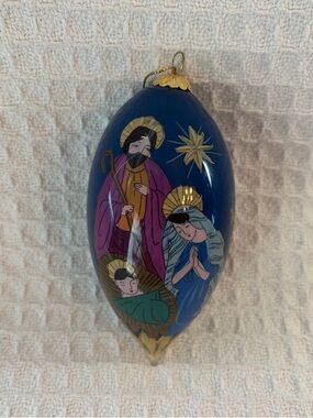 Pier 1 Li Bien Reverse Painted Blue Glass Nativity Christmas Ornament 2014
